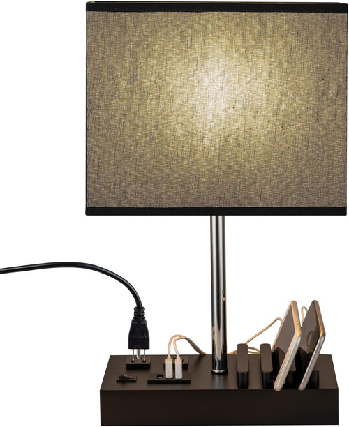 Desk lamp charging station with wooden phone stand base and USB ports on white background