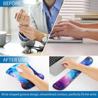 Before and after of a man using ergonomic galaxy wrist rest and mouse pad set to reduce chronic pain and boost productivity